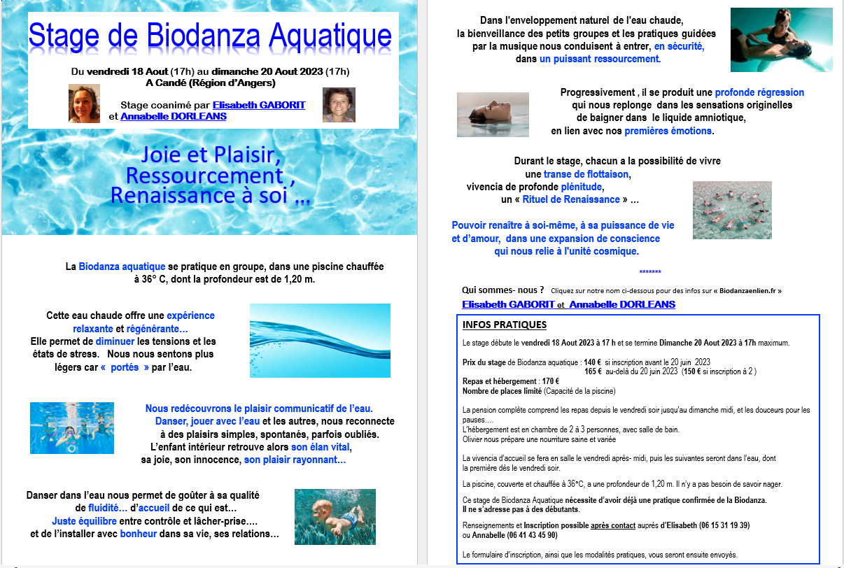Stage Biodanza Aquatique Août 2023